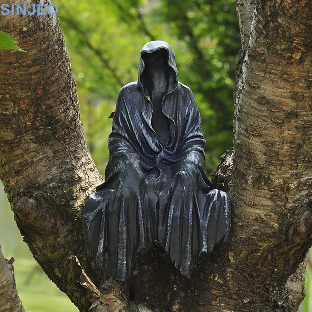 SINJEO Black Grim Reaper Estátua Emocionante Enfeites De Terror Decoração De Casa DIY Escultura Fantasma
