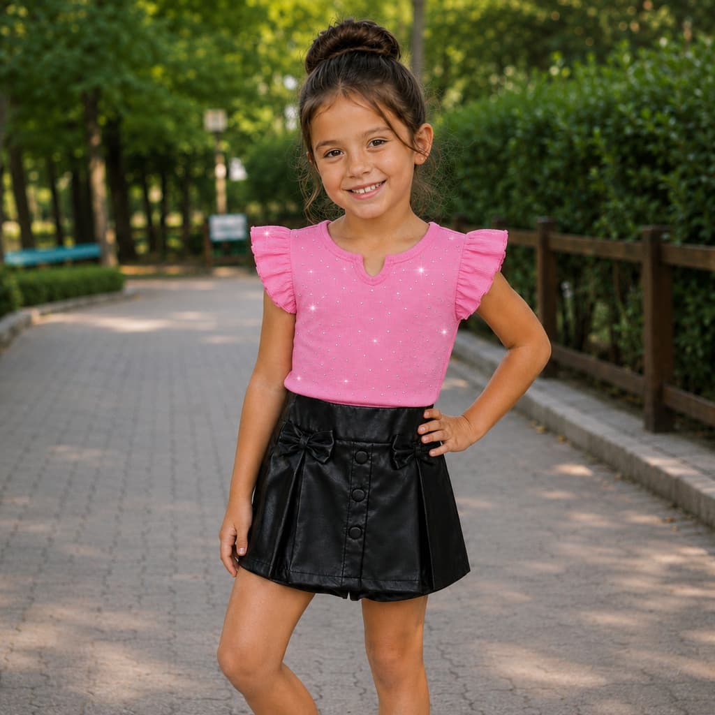 Blusa Infantil Feminina Manga Curta Canelada com Babado e Brilho