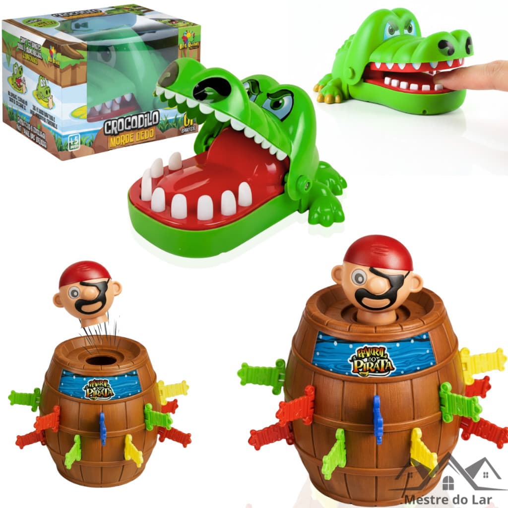 Kit 2 Brinquedos Infantil Jacaré Morde Dedo Crocodilo e Pula Pirata Barril