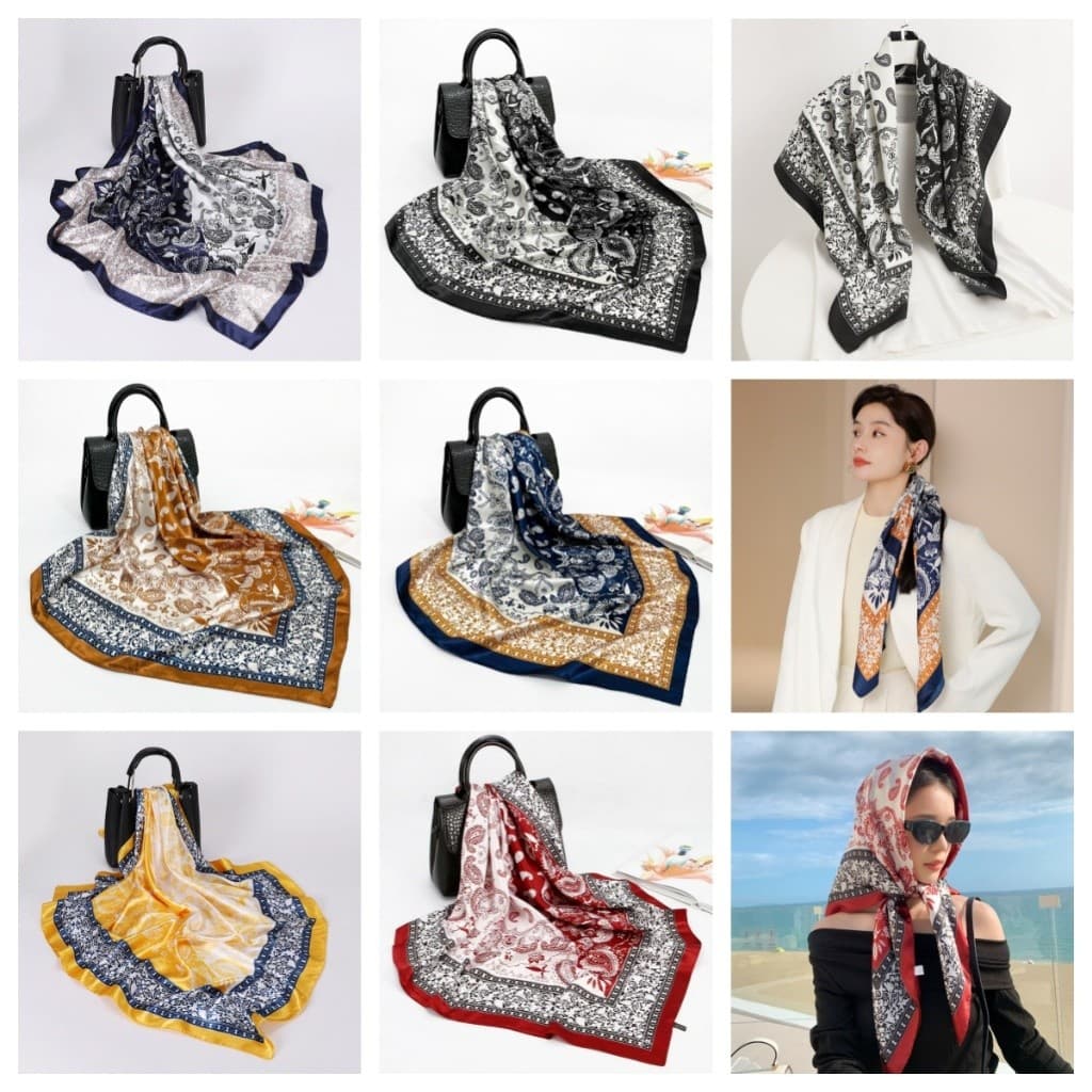 Lenço Feminina Pescoço Echarpe Cetim Estampas 90x90cm