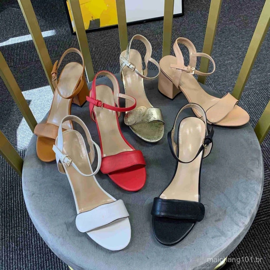 Sandálias Femininas de Couro com Salto Alto e Médio, Chinelos de Moda com Fivela no Tornozelo, Sola de Borracha, Mules p