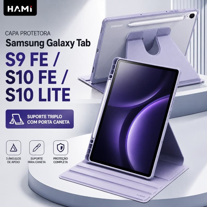 Capa Giratória 360° Samsung Tab S9 FE / S10 FE / S10 Lite, Porta-Caneta e Auto Wake/Sleep