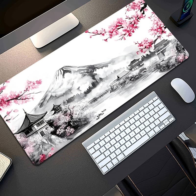 Tapete Gamer Flor Cerejeira Tinta Chinesa, borda costurada, base borracha antiderrapante, à prova d'água mesa notebook
