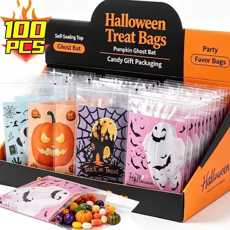 Bolsa Para Embalagem De Biscoitos De Halloween , Decoração De Festa-Estampa Fantasma De Desenho Animado , Saco De Chocol