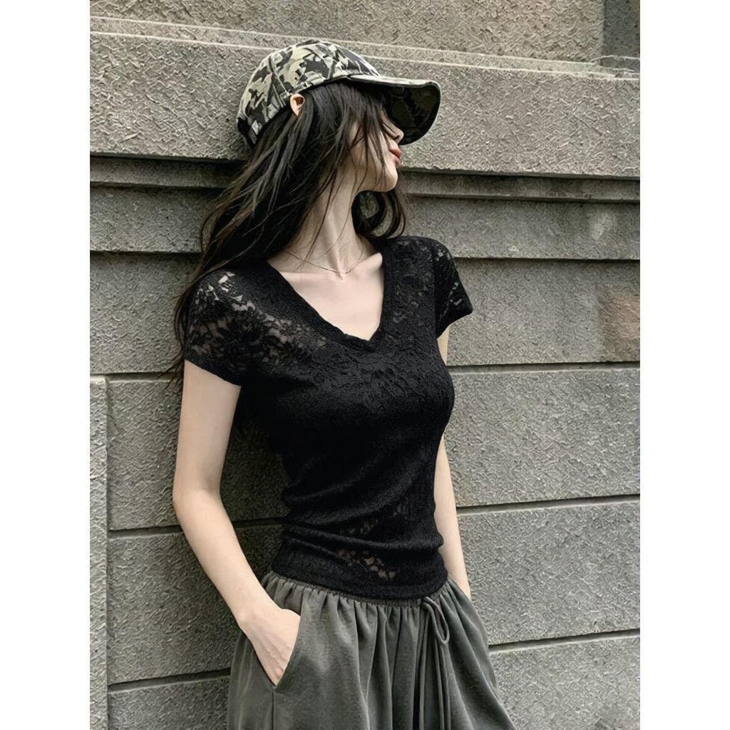 [Venda por tempo limitado] Roupa externa estilo coreano seda gelada oca renda de alta qualidade com decote em v mangas c