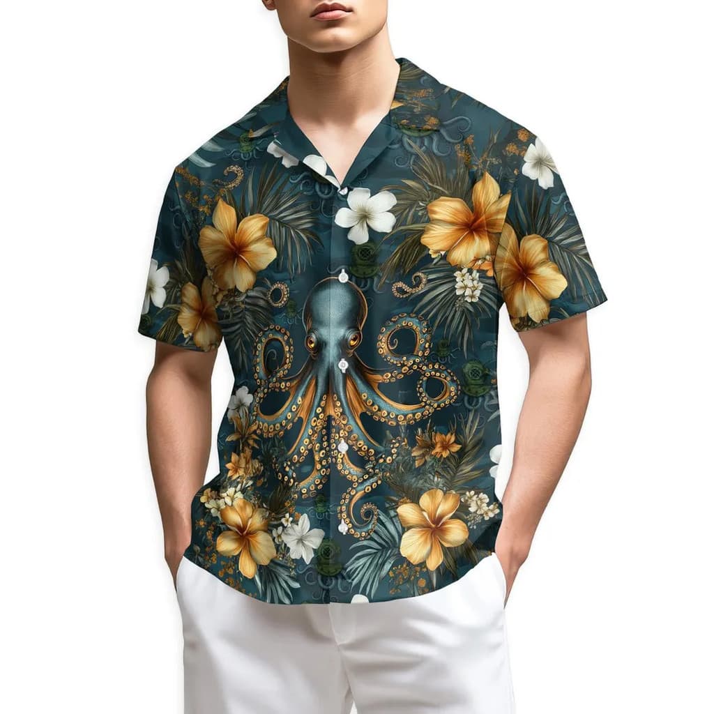 Camisa Havaiana De Mergulho Polvo Masculina Oceano Praia