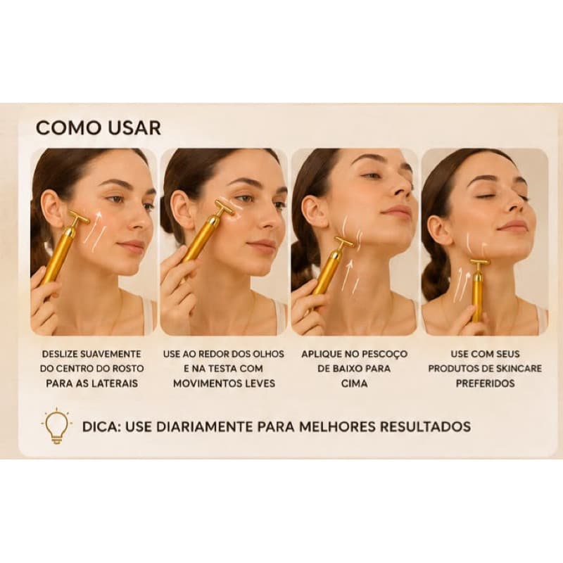 Massageador Facial Elétrico Dourado T-Bar para Rosto Pescoço Skincare Portátil Cuidados com a Pele Tendencia