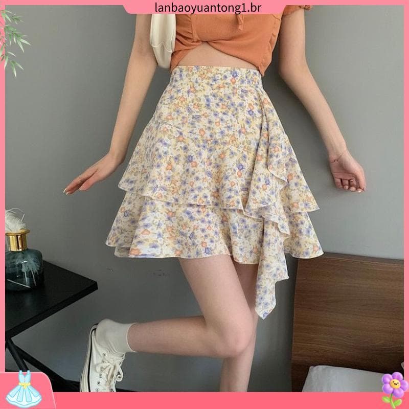 Design nicho saia Irregular roupas de primavera 2023 novo estilo feminino fresco Floral cintura alta A linha saia curta