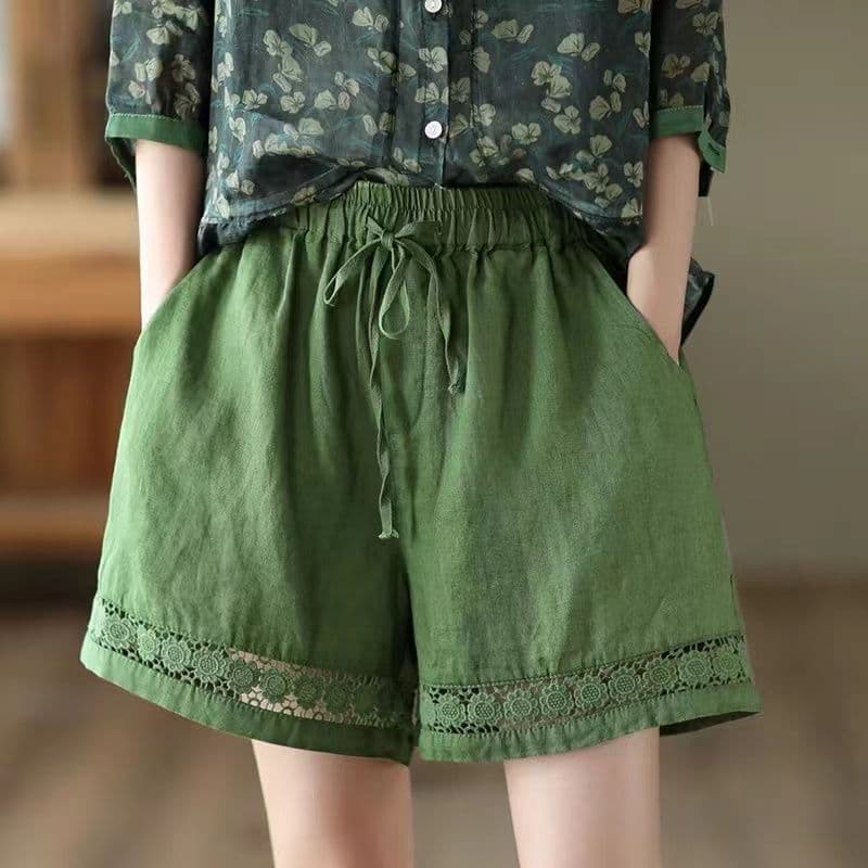 Verão fino linho Shorts feminino Retro oco renda cintura elástica calças casuais soltas All-Match calças de linho de alg