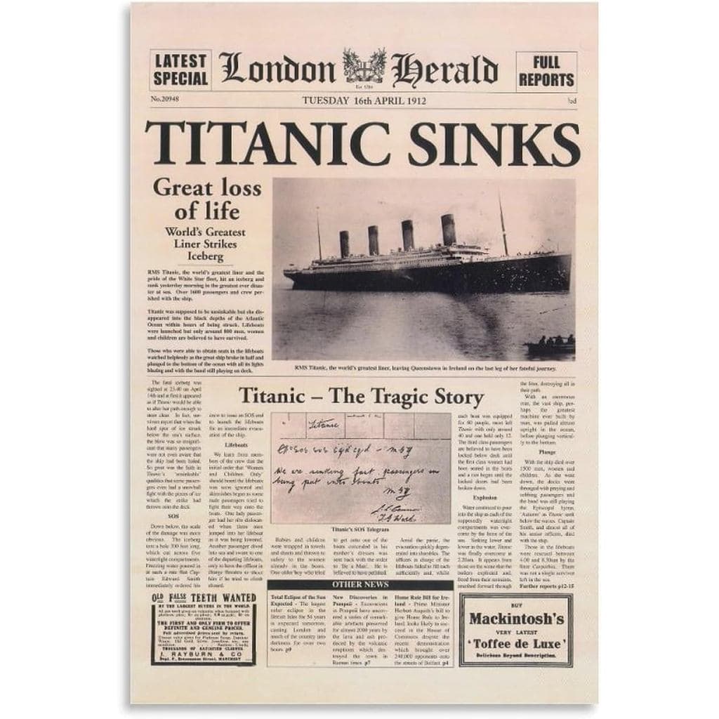 CZNBYYDSJH Pôster Vintage do Titanic com Recorte de Jornal, Arte de Parede em Tela para Educação e Conhecimento, Pintura