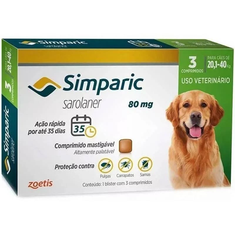 Simparic Cães de 20,1 a 40Kg - 80mg - cx com 3 compr