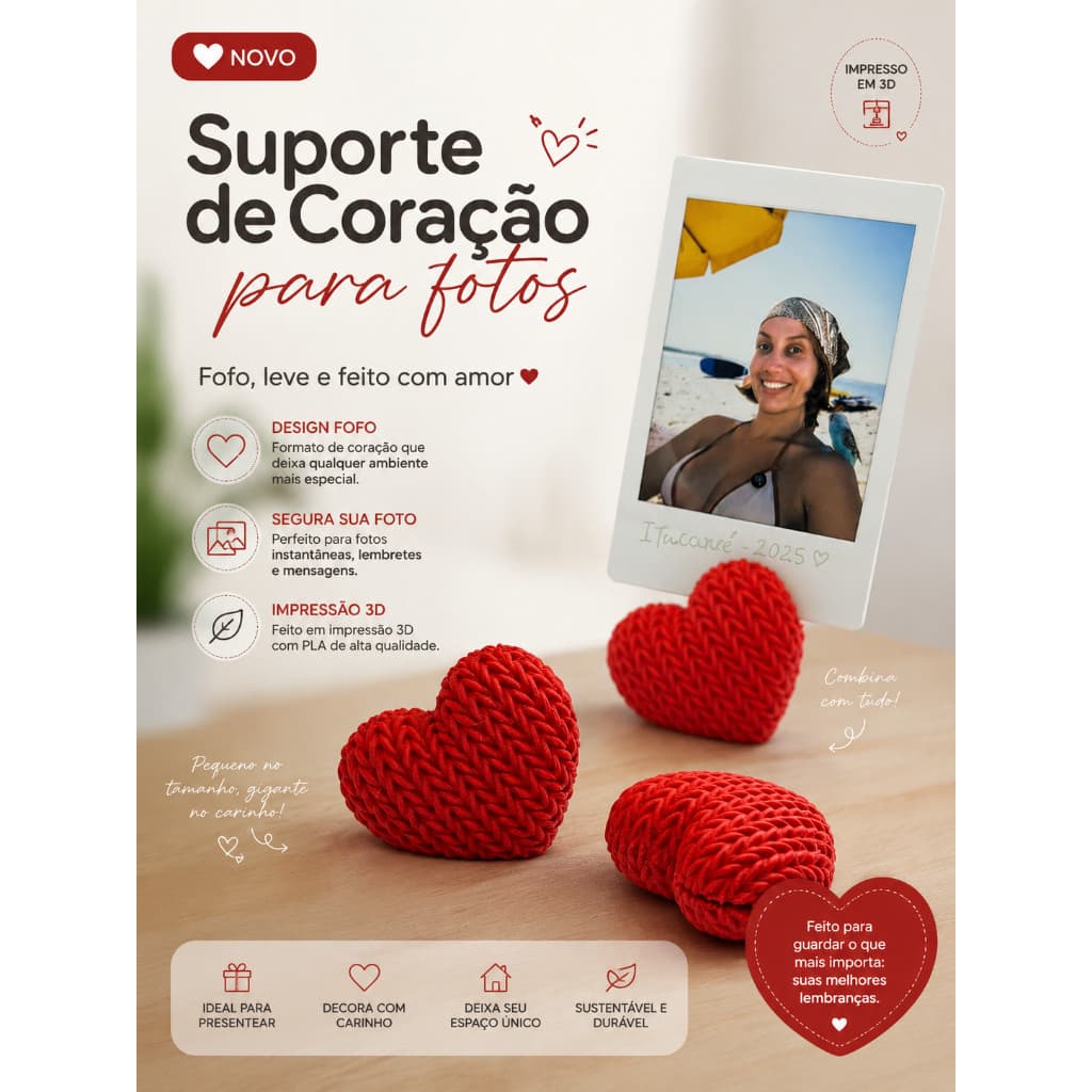 Mini Suporte Coração para Fotos, em 3D, acabamento resistente e fofo.