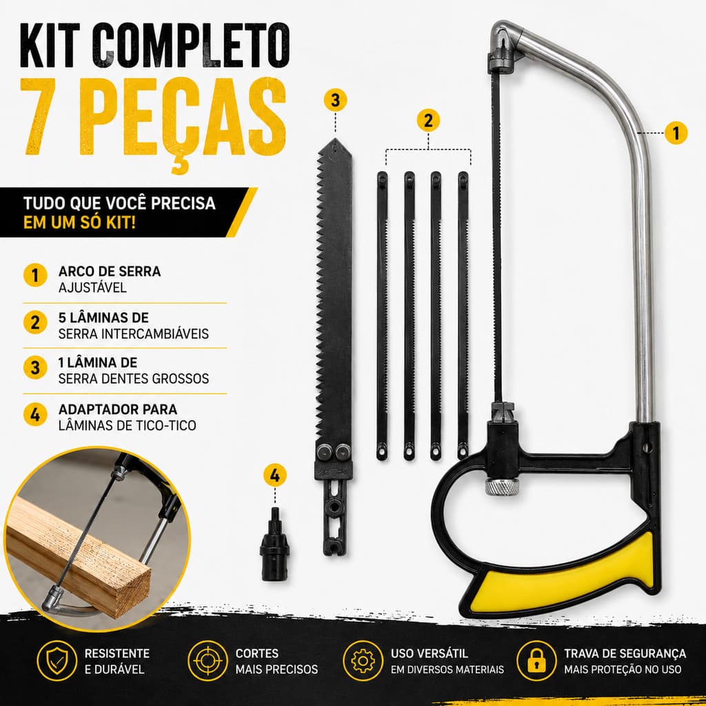 Arco de Serra Ajustável Kit 7 Peças com Lâminas