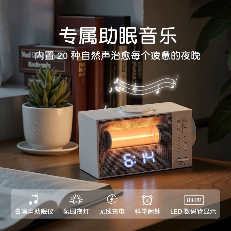 Ruído branco luz da noite quarto lâmpada de cabeceira despertador inteligente com carregador sem fio do telefone móvel p