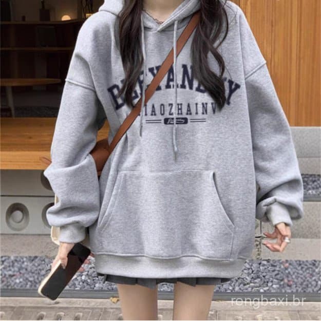Moletom com capuz de lã cinza claro feminino outono inverno 2024 novo estilo solto estilo Hong Kong moda estudante jaque