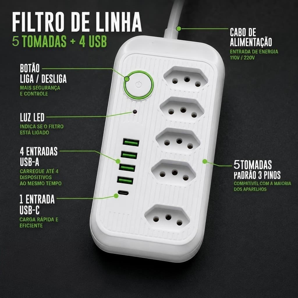 Régua de energia bivolt com 5 tomadas, 4 portas USB e 1 porta USB Tipo-C, extensão elétrica segura