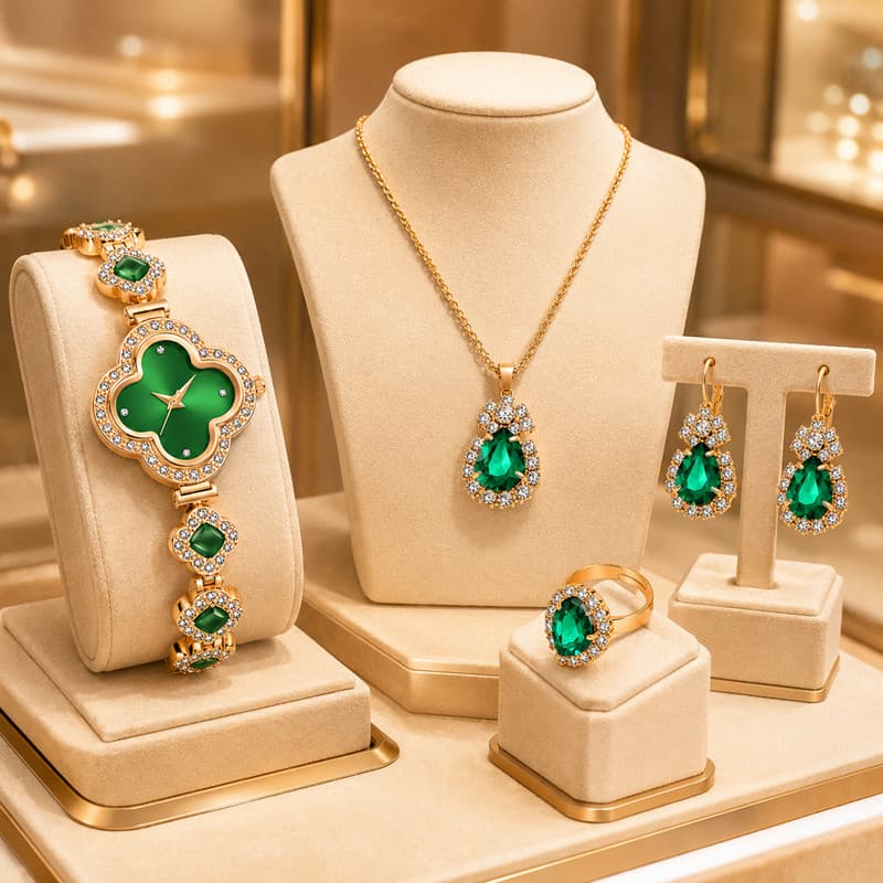 Relógio Feminino Verde Luxo Colar Brinco Festa Elegante
