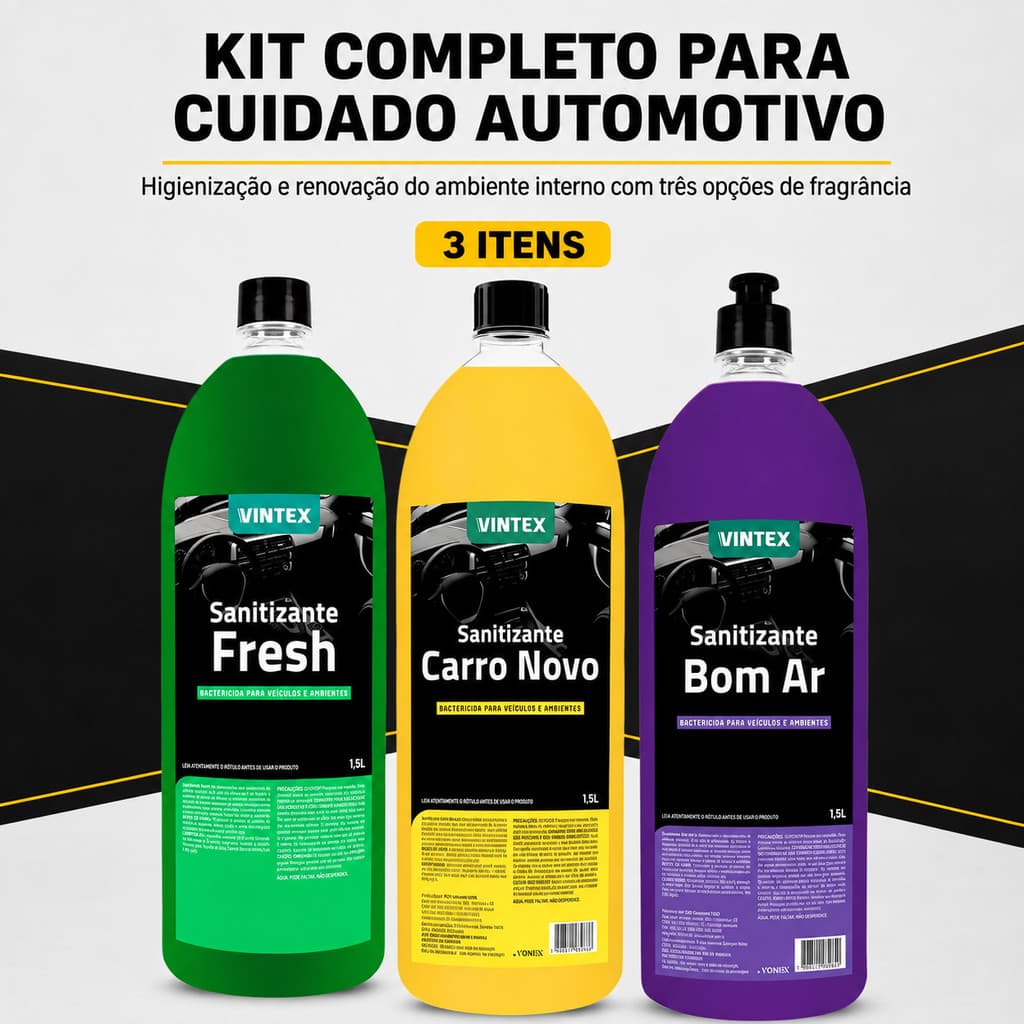 Kit 3 Sanitizantes Vintex 1,5L Fresh Carro Novo Bom Ar Higienização de Interior Automotivo
