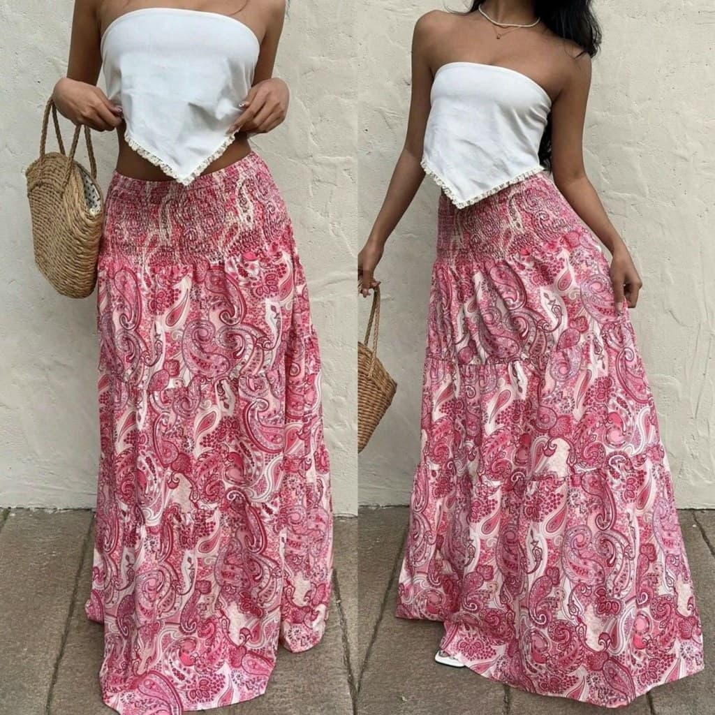 Férias saia feminina impressa saia elástica saia longa Retro Floral piso saia praia