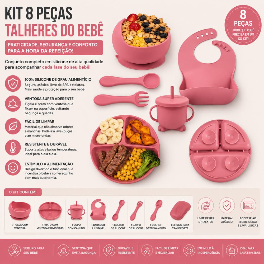 Kit Refeição Bebê Silicone 8 Peças Livre BPA Prato Divisórias Tigela Copo Babador E Talheres
