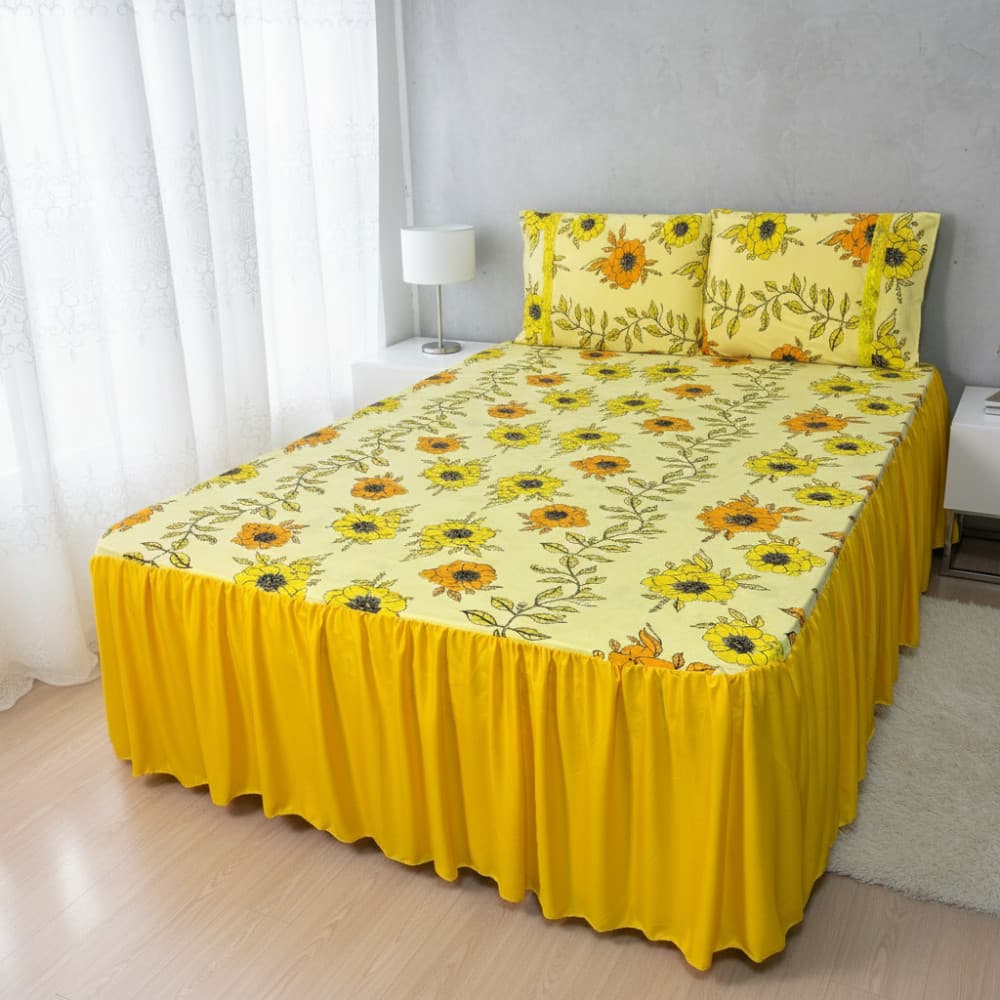 Jogo De Colcha Lençol Malha Queen estampado C Elástico Babado liso