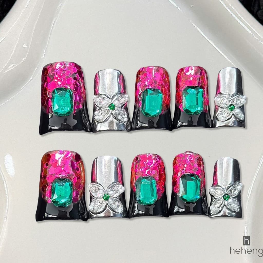 10 Unidades De Unhas Postiças Pretas Francesas Com Glitter Rosa Efeito De Pedra Preciosa E Formato De Bico De Pato