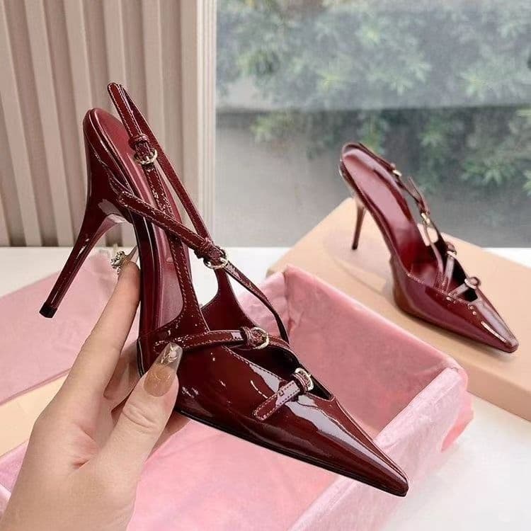 Salto alto feminino couro envernizado salto Stiletto borgonha único sapatos 2026 influenciador elegante boca rasa volta