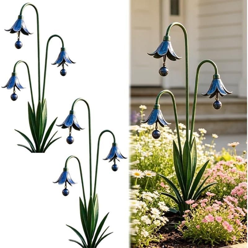 Estaca De Jardim Triple Bluebells Com Sino , Decoração De Quintal Ao Ar Livre Flores De Metal Feitas À Mão De 24 Polegad