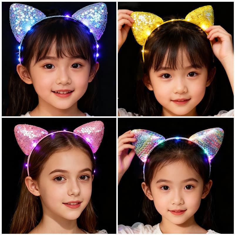 Lantejoulas luminosas orelha de gato bandana piscando simples princesa acessórios para o cabelo bonito piscando Hairpin