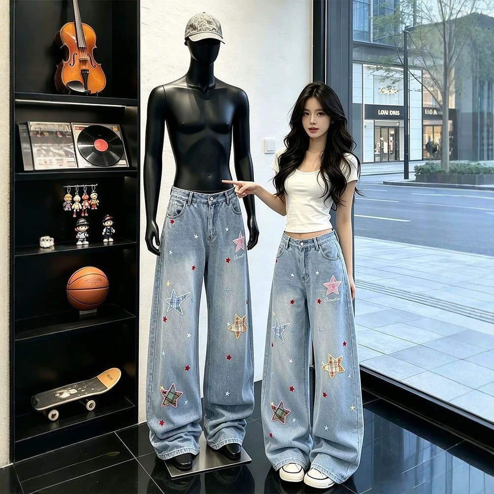 Star Distressed Jeans Calças soltas de pernas largas para esfregar o chão