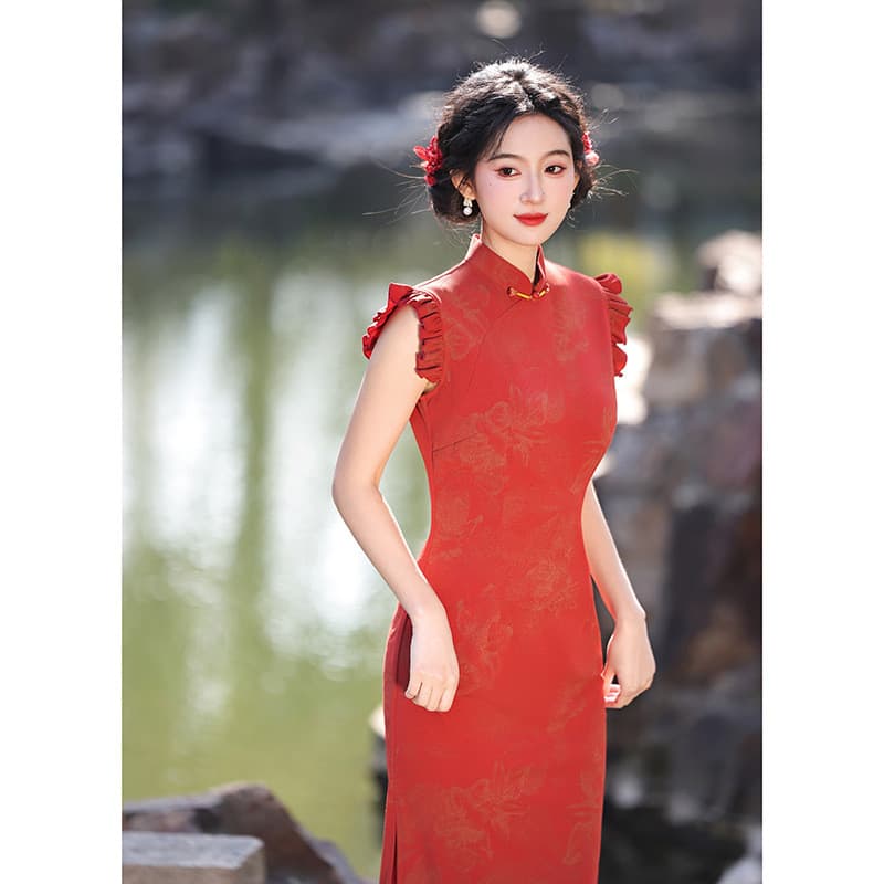 Vermelho Cheongsam brinde vestido primavera verão novo estilo vestido de noivado saia menina pequeno diário Wearable man