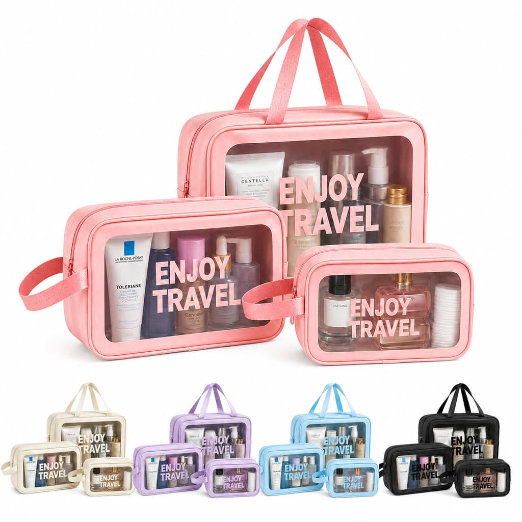 Kit Nécessaire Feminina 3 Peças com Visor Transparente, Organizadora para Maquiagem, Cosméticos, Higiene e Viagem