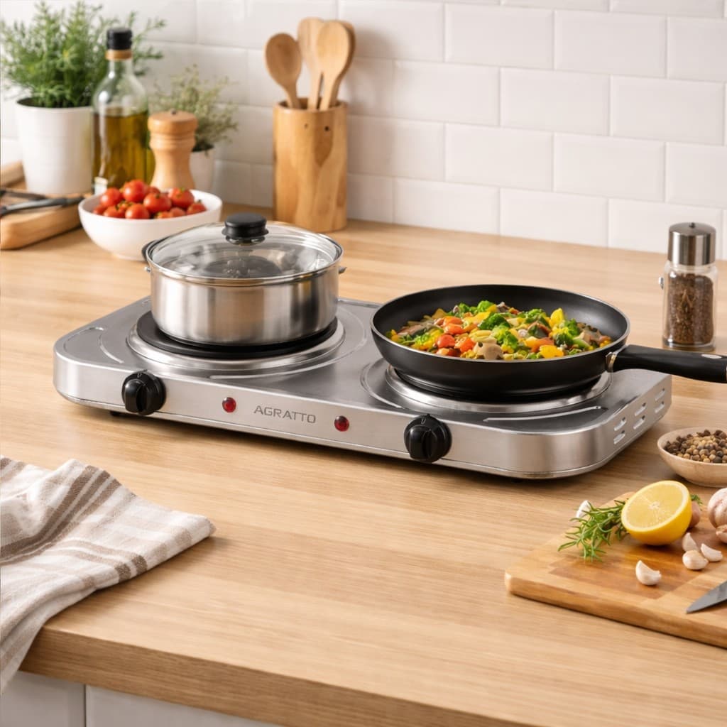 Fogao Eletrico de Mesa Agratto 2 Bocas Inox 127v ou 220v 2000w Portatil Cozinha Acampamento Pratico