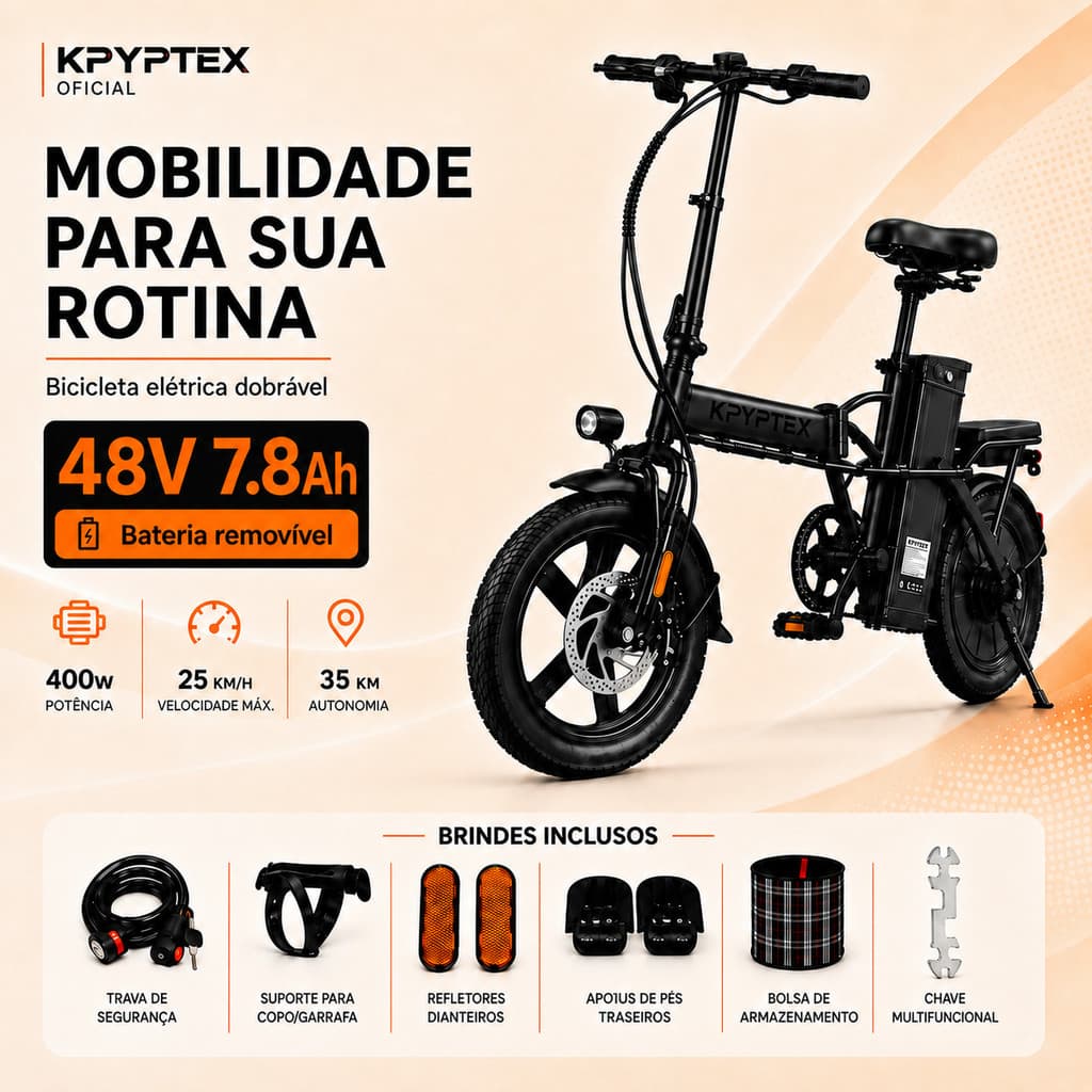 Bicicleta Elétrica Dobrável KPYPTEX 400W Pico 550W 48V 7.8Ah 35km 25km/h Bateria Removível