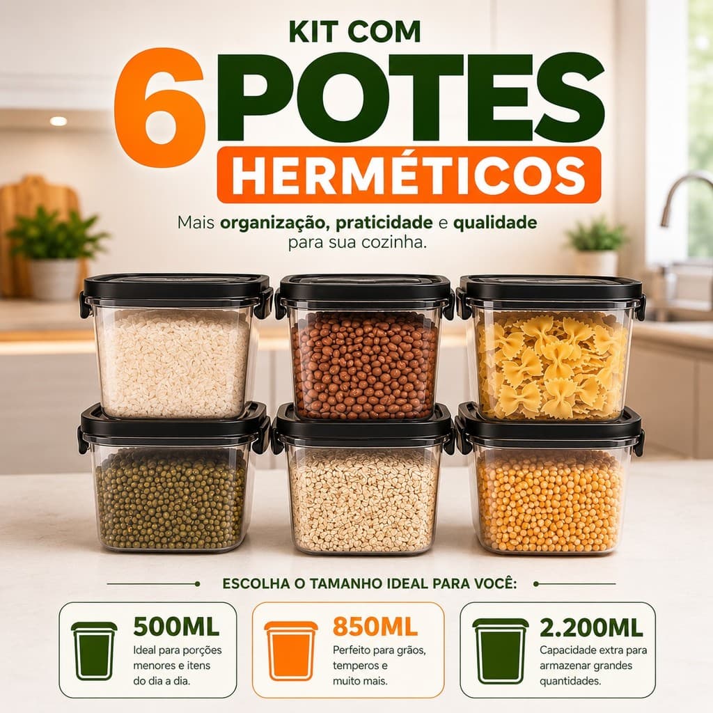 Kit com 6 Potes Herméticos Marmita 500Ml 850Ml 2,2L Com Travas Laterais - Livre de BPA Alimentos