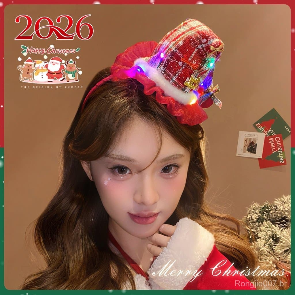 Tiara De Chapéu De Papai Noel De Natal Com Luzes LED , Acessório De Cabelo Iluminado Festivo