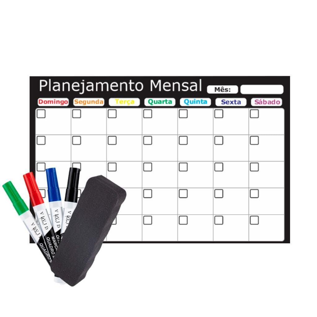 Kit Planner Mensal Organizador de Rotina com 4 Canetas + Apagador de Parede com Fita p Instalação