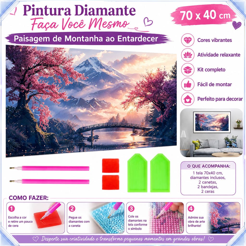 Kit Pintura com Diamantes DIY Lago Montanha Sakura 70×40cm, 2 Canetas e Bandejas Completas