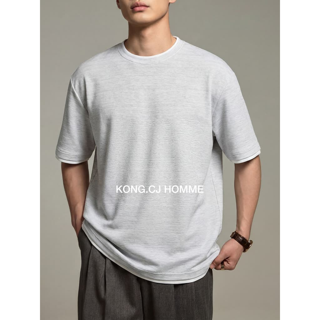 KCJ algodão de alta contagem Lyocell misturado falso duas peças em torno do pescoço de manga curta camiseta masculina co