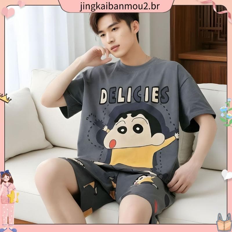 Manga curta masculina juventude fina manga curta Shorts Casual Homewear pijamas masculinos verão em torno do pescoço ter
