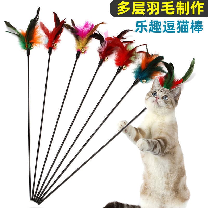 Fábrica provocando gato vara brinquedo colorido pena haste longa com sino gato brinquedo interativo Pet gato brinquedo