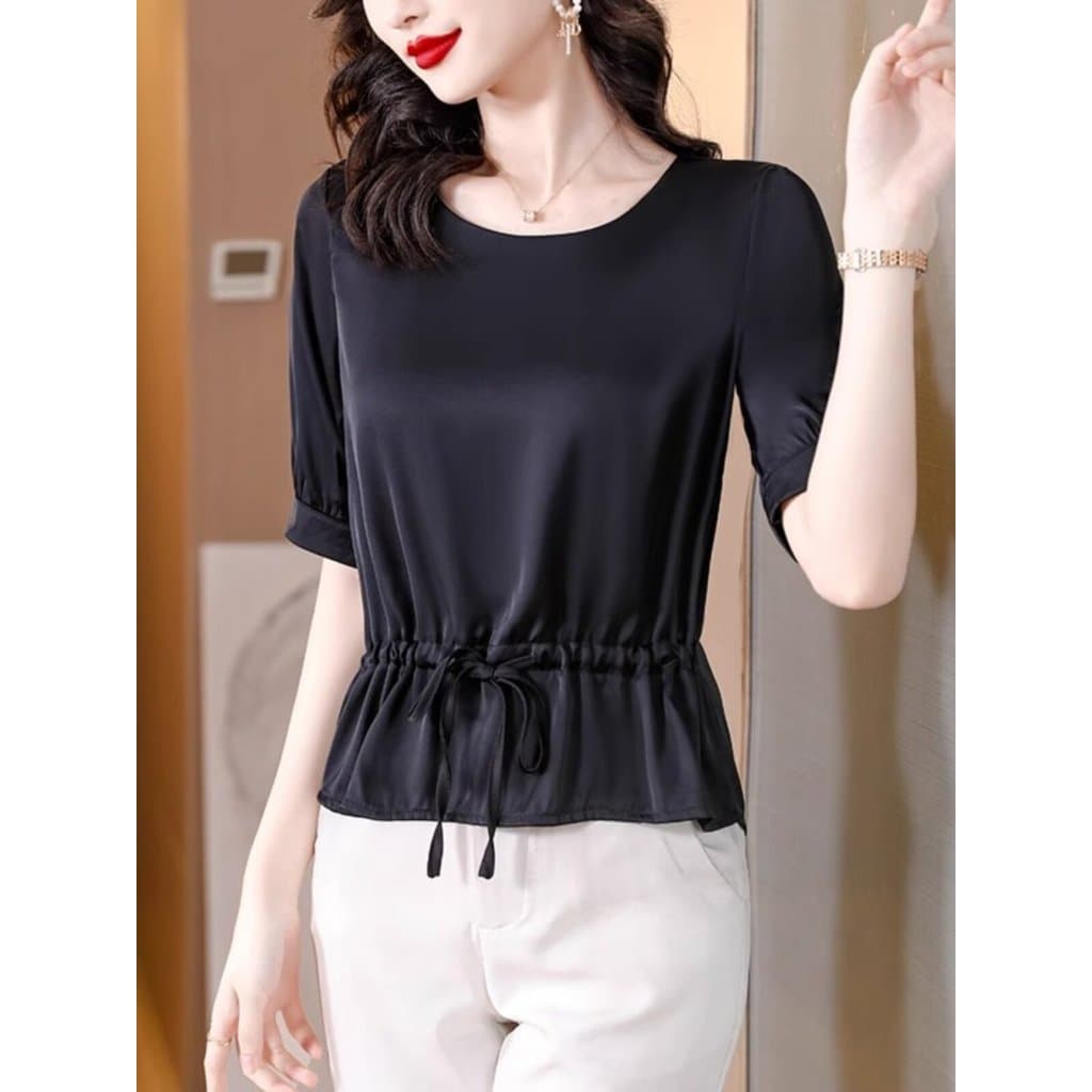 Nicho cintura estreita manga curta Chiffon camisa feminina verão 2026 novo estilo verão senhoras All-Match moda pequena