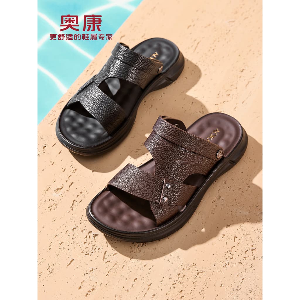 Okcom Sandálias masculinas de verão, uso externo, sandálias de couro genuíno, chinelos masculinos de meia-idade, sola ma