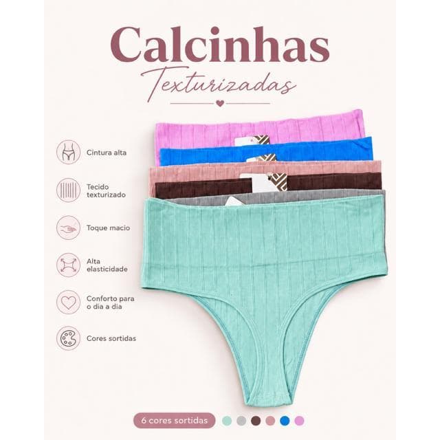 Kit até 10 calcinhas texturizada 8cm de cós alto modela o corpo poliamida importada