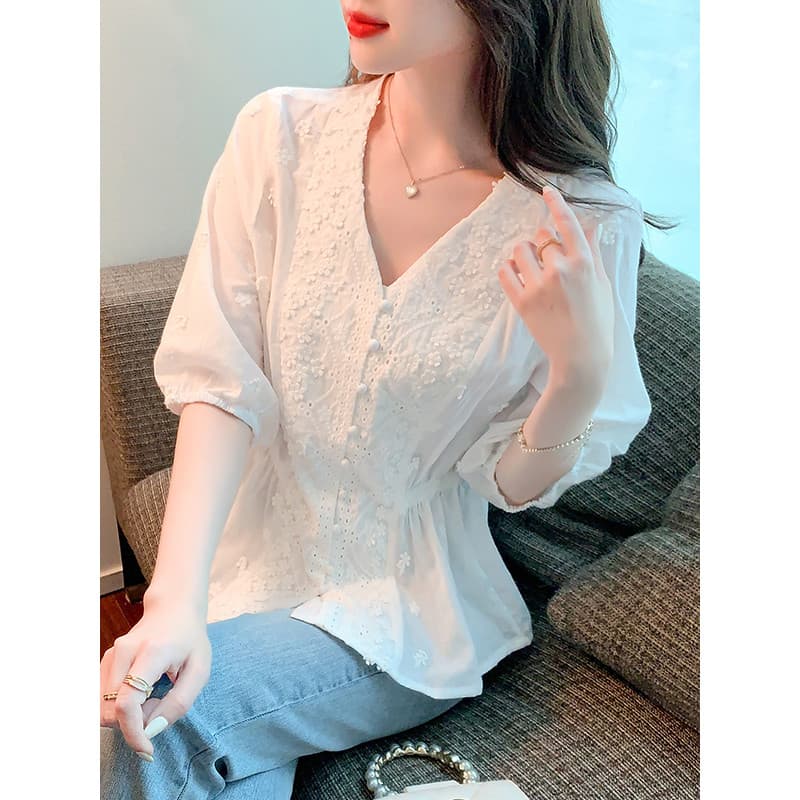 Camisa de Chiffon branco meia manga camiseta feminina verão manga três quartos cintura estreita topo 2026 novo estilo id