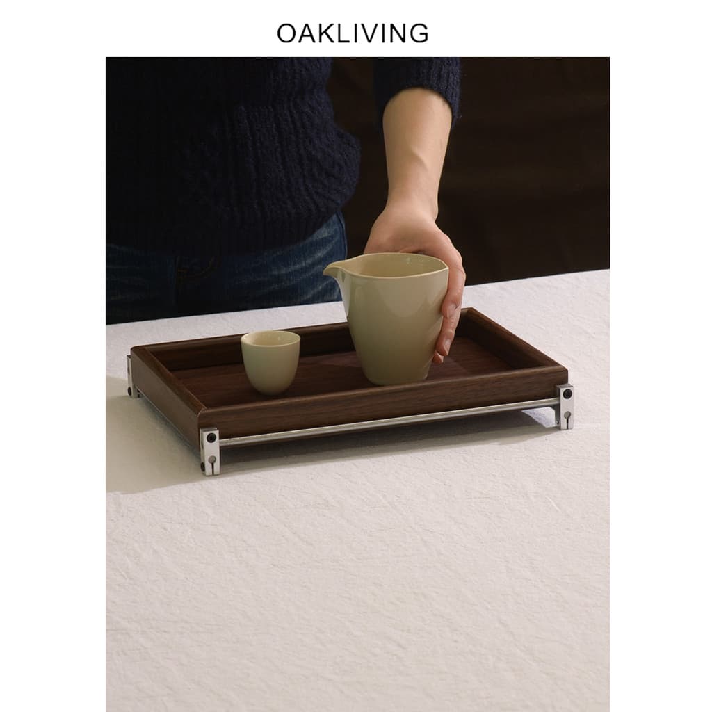Oakliving bandeja de armazenamento de madeira maciça conjunto de chá bandeja suporte de alumínio bandeja de organização