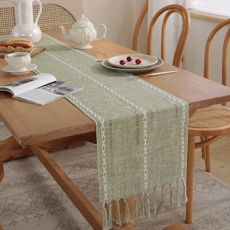 Caminho de Mesa de Linho‑Algodão Espesso, Cor Verde‑Oliva com Franjas, Decoração para Mesa