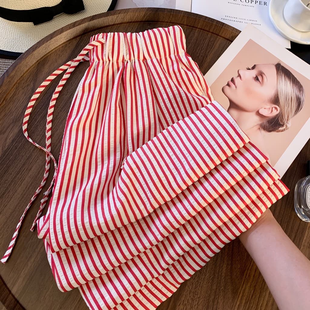 Retro listrado calças de perna larga feminina verão pequeno Casual calças de perna reta cordão cintura alta mais magro o