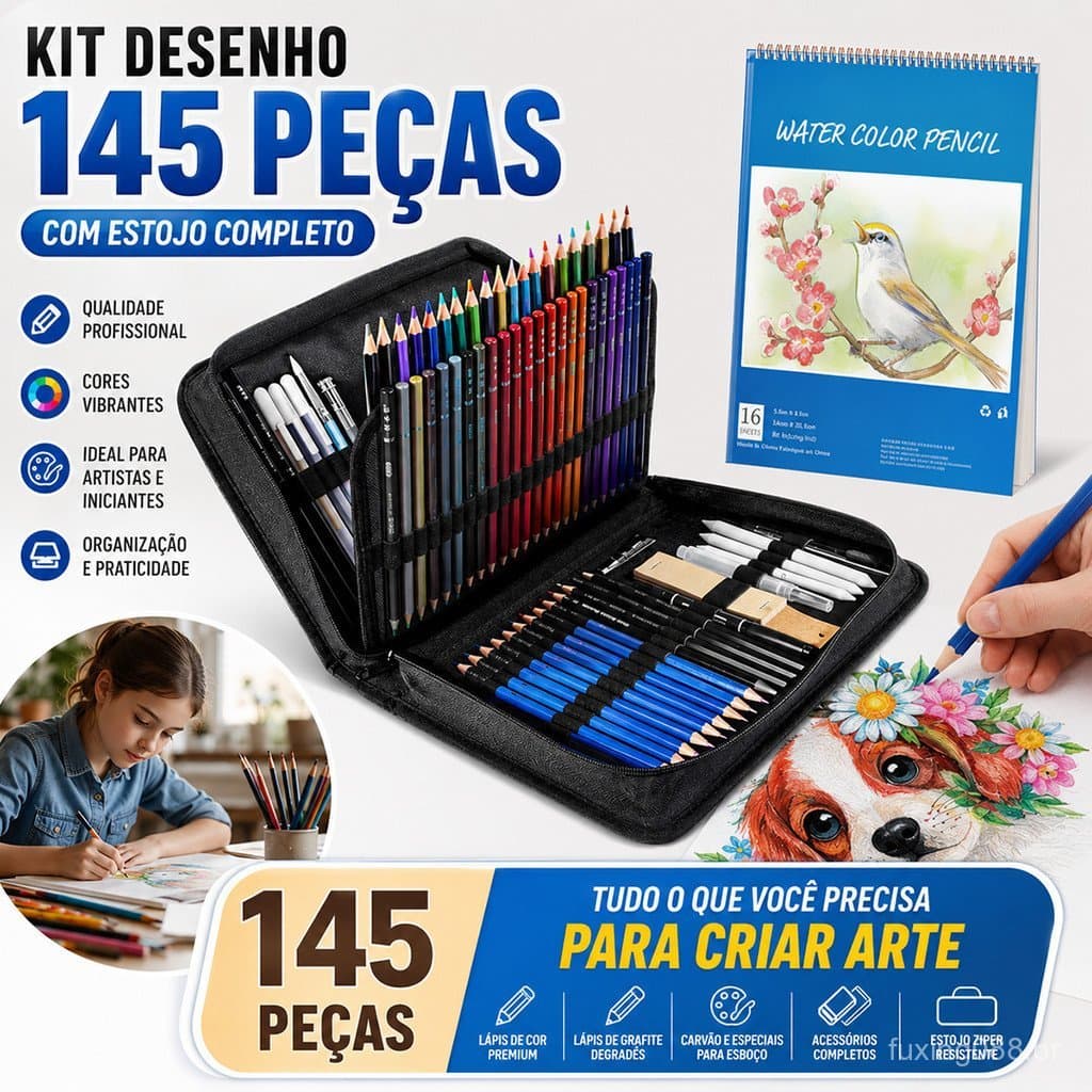 Kit De Lápis De Desenho Profissional 145/24 Peças Com Estojo - Lápis Para Arte E Esboço