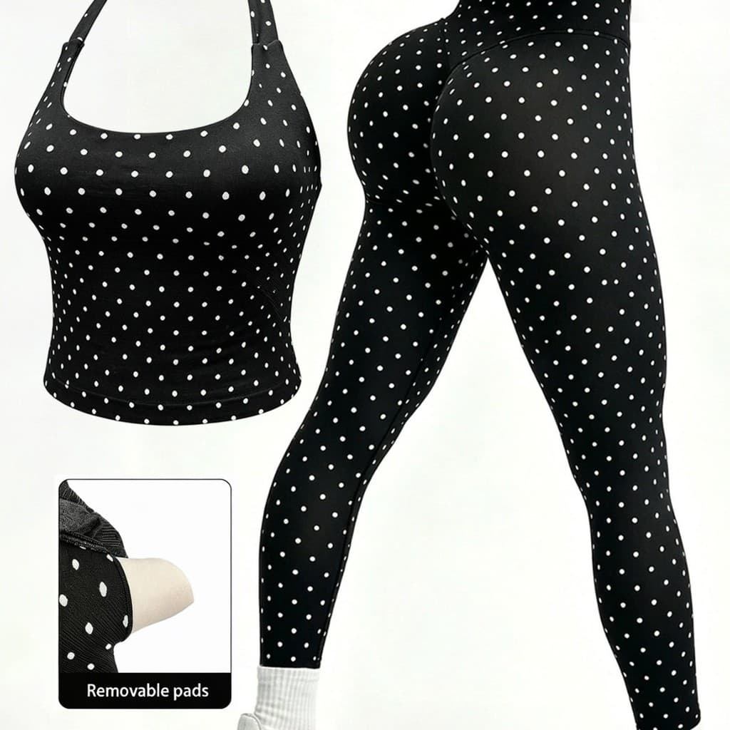 Novo Halterneck topo calças magras bolinhas de duas peças esportes Fitness Yoga terno